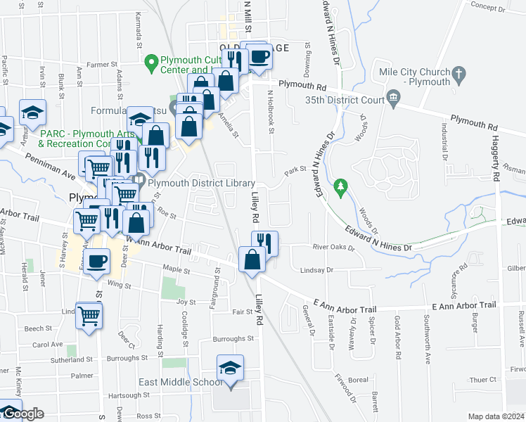 map of restaurants, bars, coffee shops, grocery stores, and more near 320 Parkview Drive in Plymouth