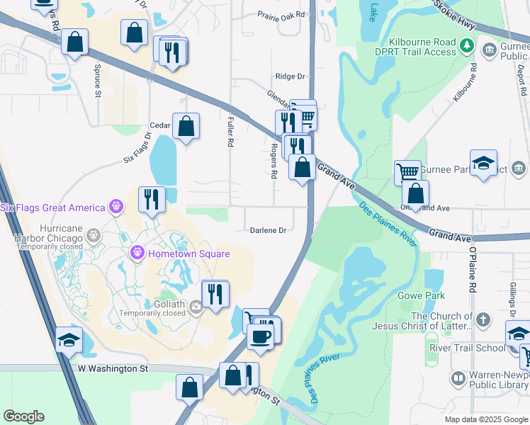 map of restaurants, bars, coffee shops, grocery stores, and more near 5011 South Road in Gurnee