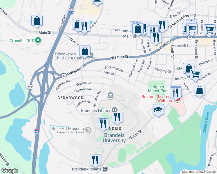 map of restaurants, bars, coffee shops, grocery stores, and more near 7 University Park in Waltham