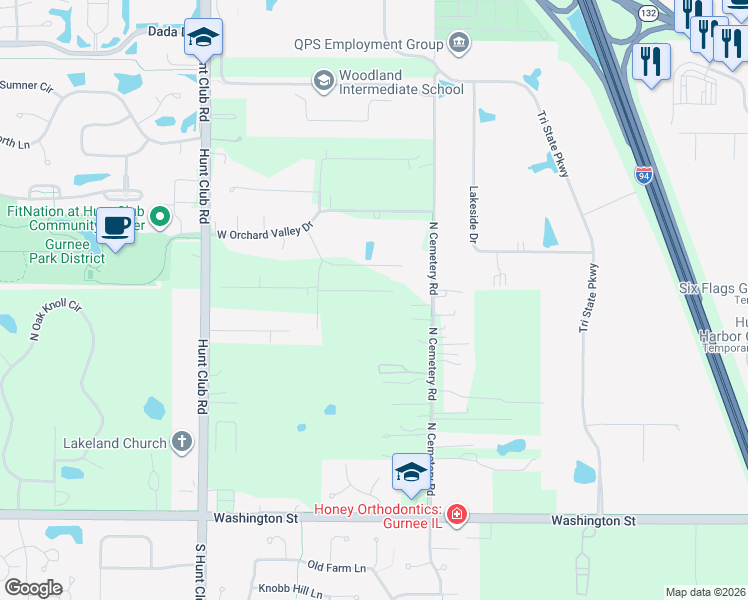 map of restaurants, bars, coffee shops, grocery stores, and more near 34970 North Cemetery Road in Gurnee