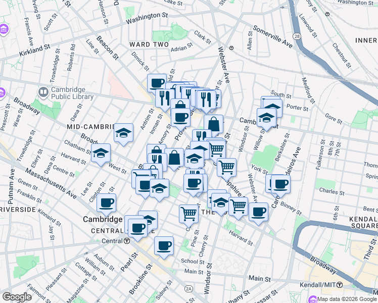 map of restaurants, bars, coffee shops, grocery stores, and more near 28 Tremont Street in Cambridge