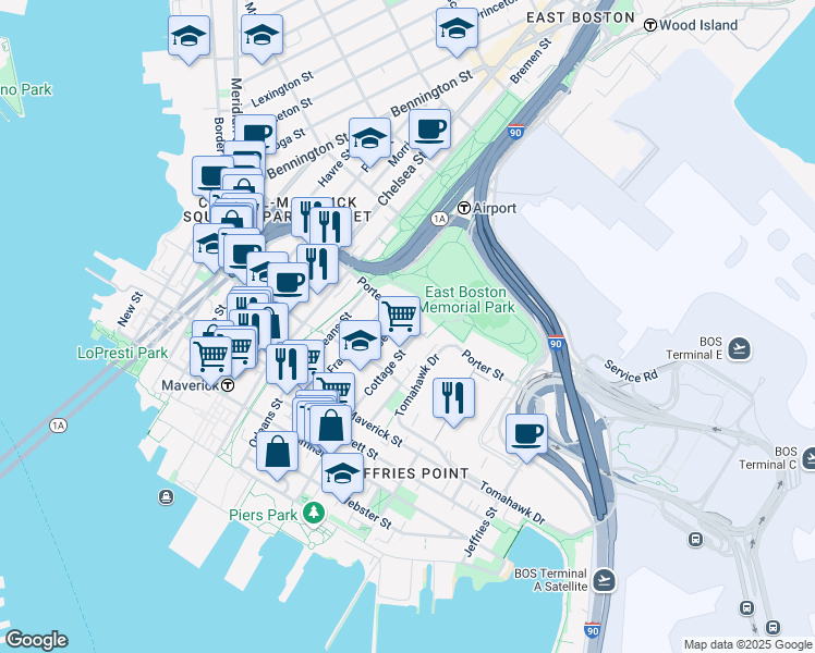 map of restaurants, bars, coffee shops, grocery stores, and more near 194 Cottage Street in Boston