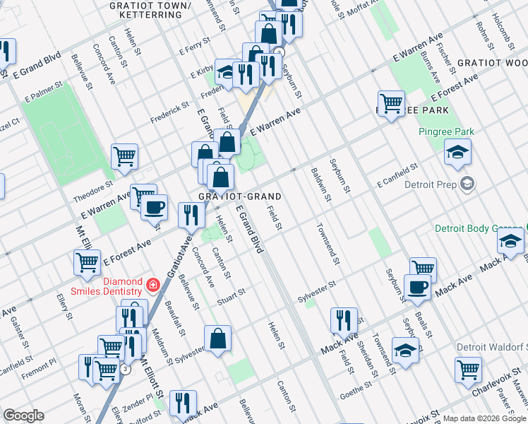 map of restaurants, bars, coffee shops, grocery stores, and more near 4455 Field Street in Detroit