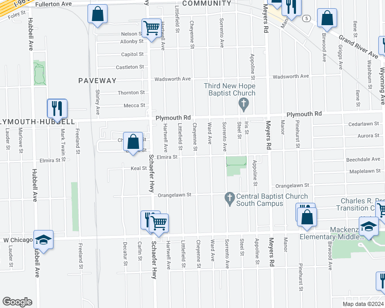 map of restaurants, bars, coffee shops, grocery stores, and more near 11300 Cheyenne Street in Detroit