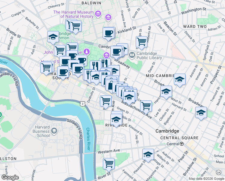 map of restaurants, bars, coffee shops, grocery stores, and more near 1090-1100 Massachusetts Avenue in Cambridge