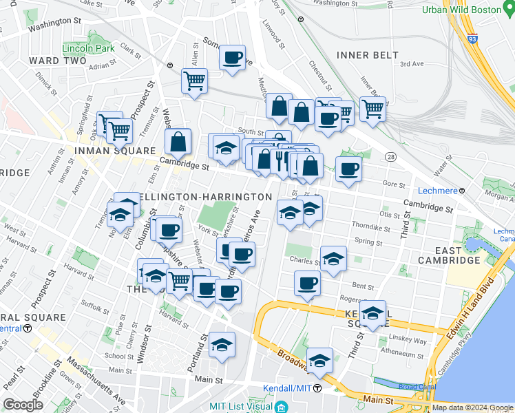 map of restaurants, bars, coffee shops, grocery stores, and more near 1 Marney Street in Cambridge