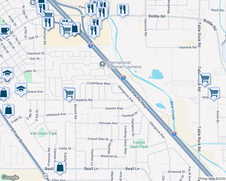 map of restaurants, bars, coffee shops, grocery stores, and more near 548 Brittni Lane in Central Point