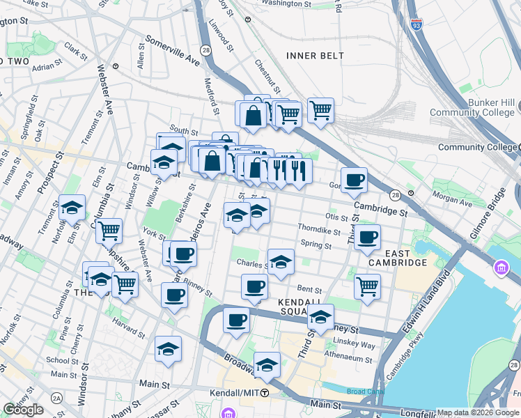 map of restaurants, bars, coffee shops, grocery stores, and more near 180 Thorndike Street in Cambridge