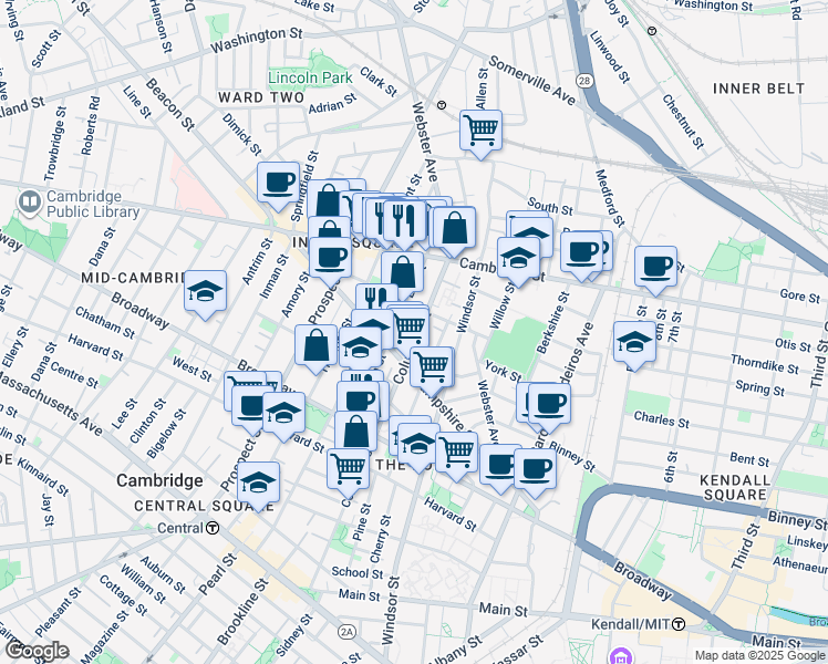 map of restaurants, bars, coffee shops, grocery stores, and more near 319 Columbia Street in Cambridge