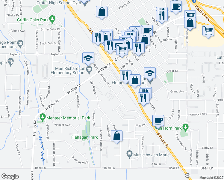 map of restaurants, bars, coffee shops, grocery stores, and more near S Haskell St & Daisy Creek Village Dr in Central Point