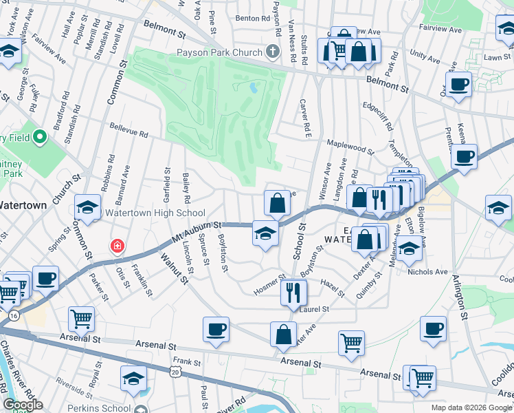 map of restaurants, bars, coffee shops, grocery stores, and more near 18 Adams Avenue in Watertown