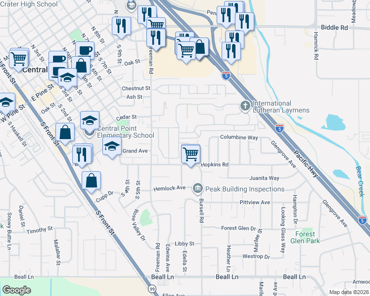 map of restaurants, bars, coffee shops, grocery stores, and more near 555 Freeman Road in Central Point