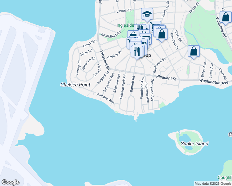 map of restaurants, bars, coffee shops, grocery stores, and more near 191 Cottage Park Road in Winthrop