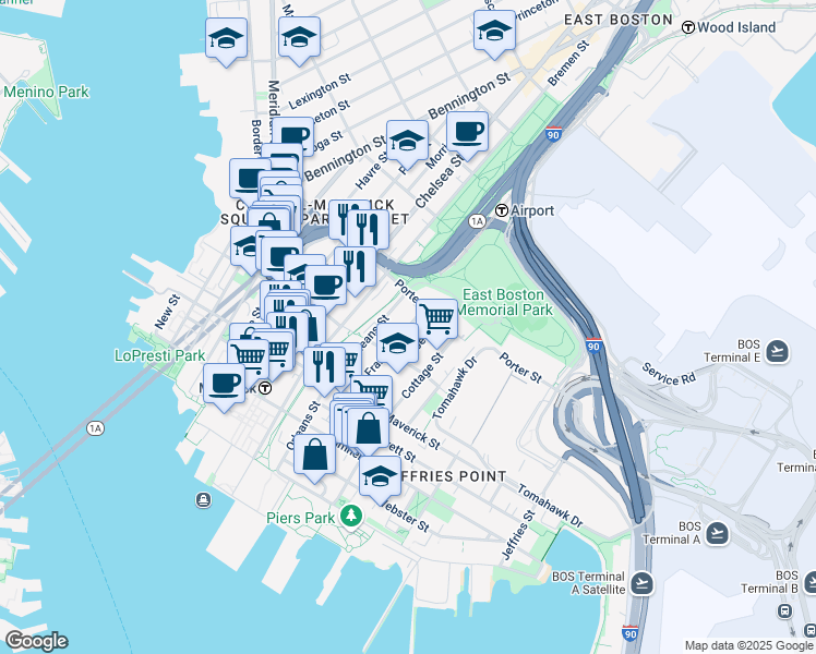 map of restaurants, bars, coffee shops, grocery stores, and more near 65 Frankfort Street in Boston