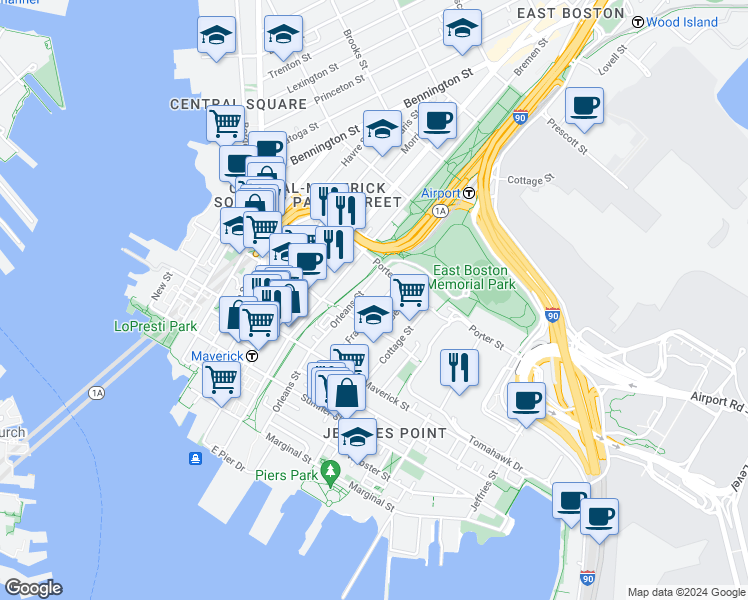 map of restaurants, bars, coffee shops, grocery stores, and more near 65 Frankfort Street in Boston