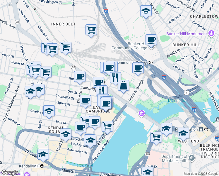 map of restaurants, bars, coffee shops, grocery stores, and more near 22 Cambridge Street in Cambridge
