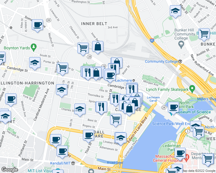 map of restaurants, bars, coffee shops, grocery stores, and more near 63 Otis Street in Cambridge