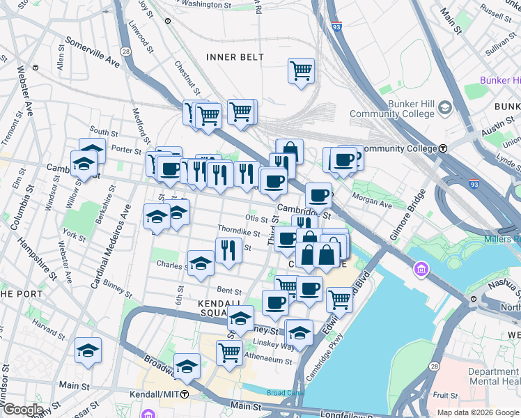 map of restaurants, bars, coffee shops, grocery stores, and more near 63 Otis Street in Cambridge