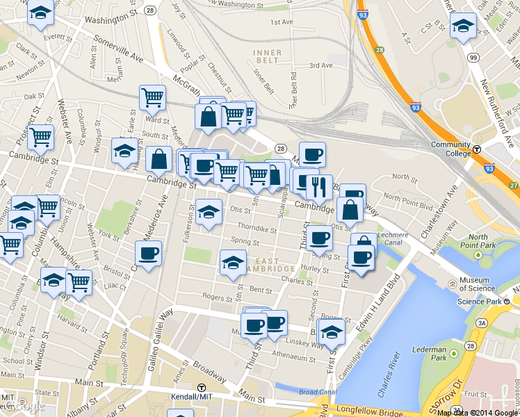 map of restaurants, bars, coffee shops, grocery stores, and more near 79 5th Street in Cambridge