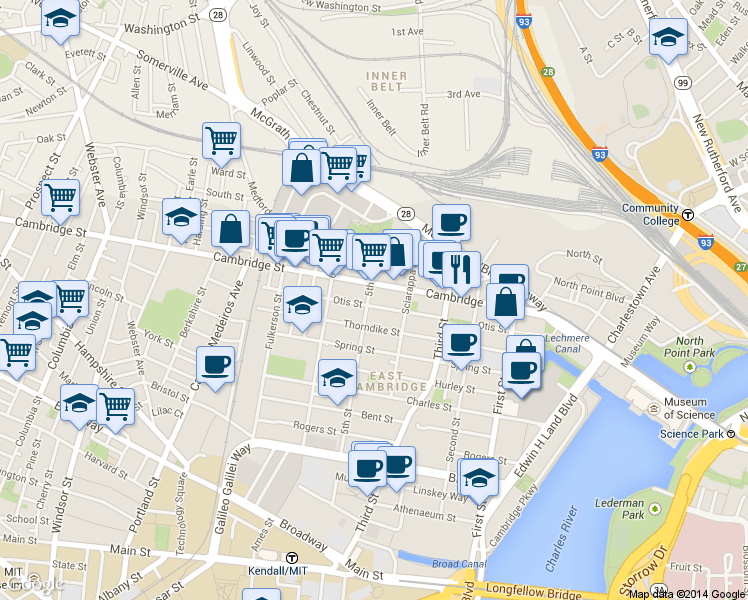 map of restaurants, bars, coffee shops, grocery stores, and more near 79 5th Street in Cambridge