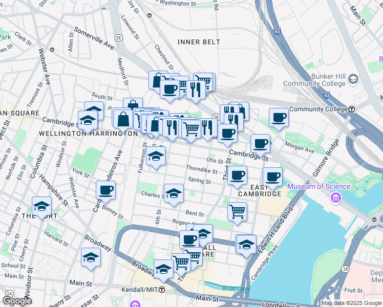 map of restaurants, bars, coffee shops, grocery stores, and more near 79 5th Street in Cambridge