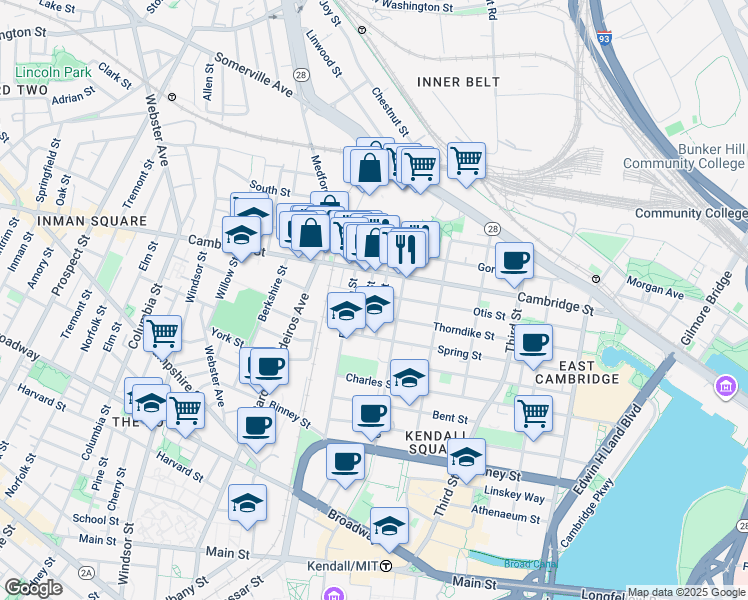 map of restaurants, bars, coffee shops, grocery stores, and more near 180 Thorndike Street in Cambridge