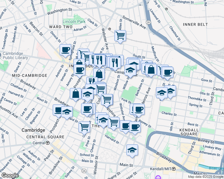 map of restaurants, bars, coffee shops, grocery stores, and more near 386 Windsor Street in Cambridge
