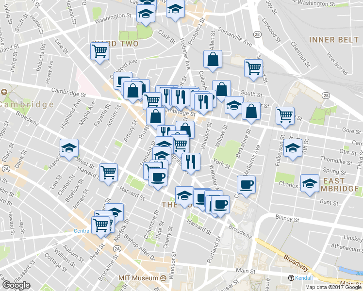 map of restaurants, bars, coffee shops, grocery stores, and more near 310 Columbia Street in Cambridge