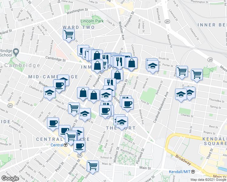 map of restaurants, bars, coffee shops, grocery stores, and more near 132 Hampshire Street in Cambridge