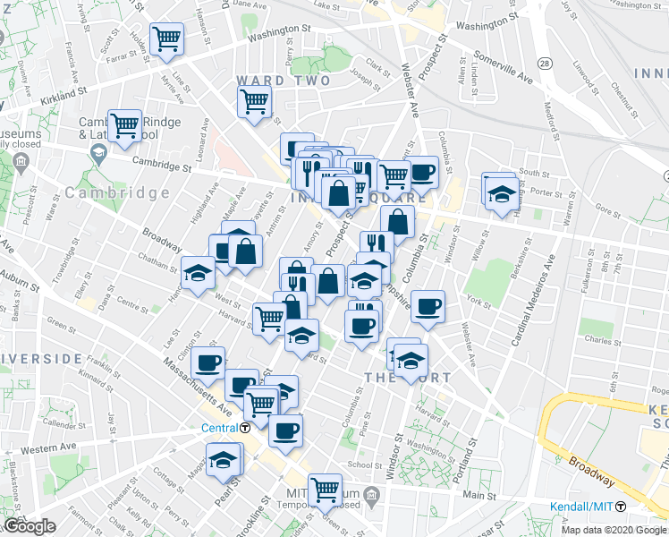 map of restaurants, bars, coffee shops, grocery stores, and more near 210 Prospect Street in Cambridge