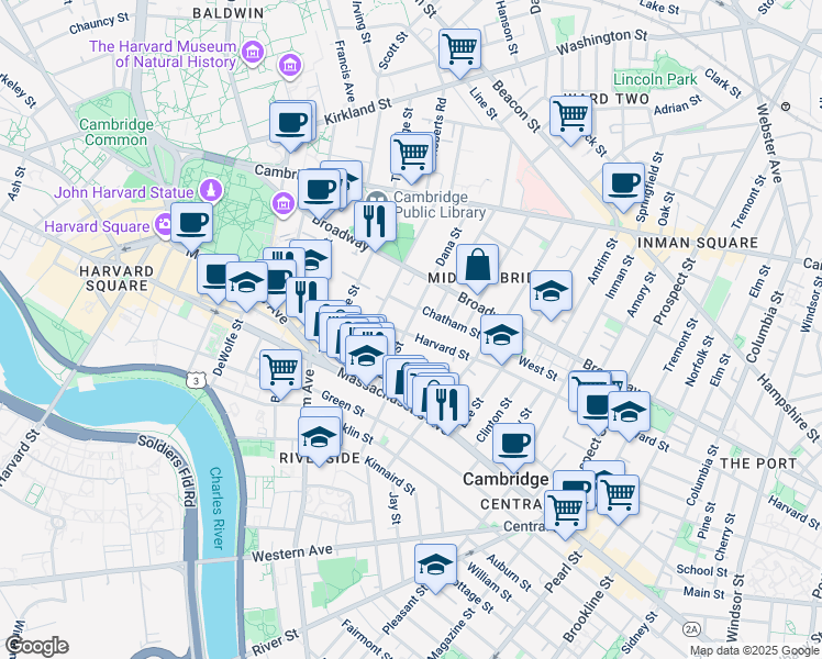 map of restaurants, bars, coffee shops, grocery stores, and more near 338 Harvard Street in Cambridge