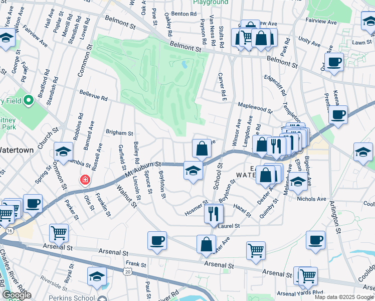 map of restaurants, bars, coffee shops, grocery stores, and more near 18 Adams Avenue in Watertown