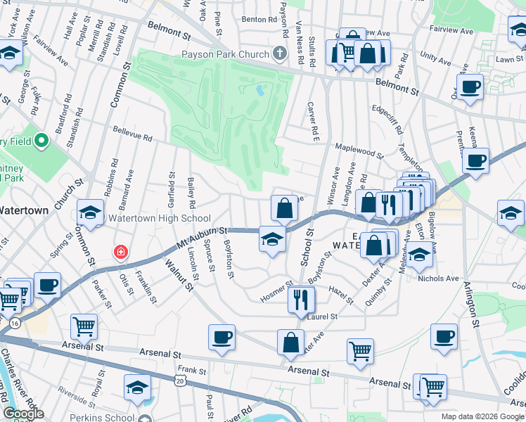 map of restaurants, bars, coffee shops, grocery stores, and more near 18 Adams Avenue in Watertown
