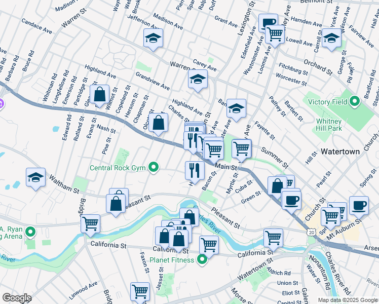 map of restaurants, bars, coffee shops, grocery stores, and more near 12 Oakland Street in Watertown