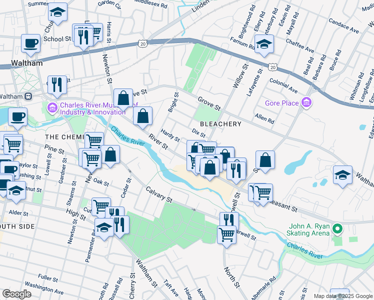 map of restaurants, bars, coffee shops, grocery stores, and more near 205 Willow Street in Waltham