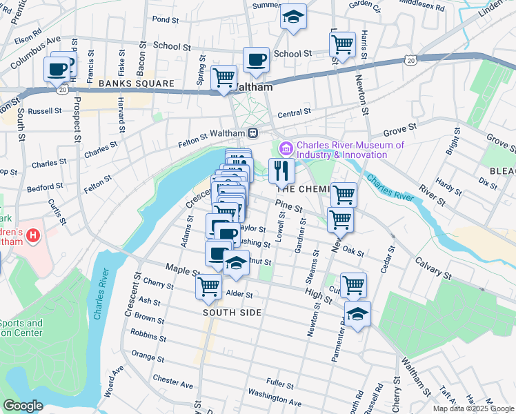 map of restaurants, bars, coffee shops, grocery stores, and more near 21 Hall Street in Waltham