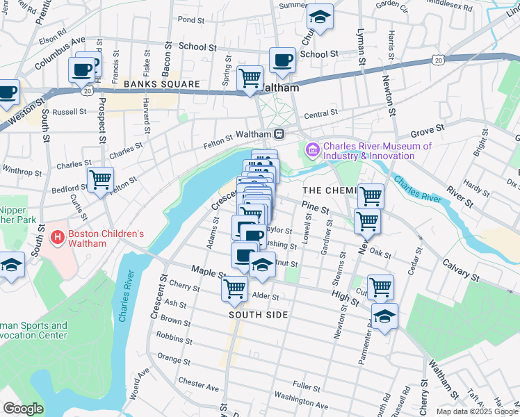 map of restaurants, bars, coffee shops, grocery stores, and more near 366 Moody Street in Waltham