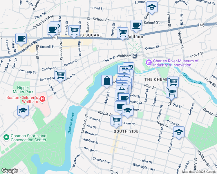 map of restaurants, bars, coffee shops, grocery stores, and more near 1 Spruce Street in Waltham