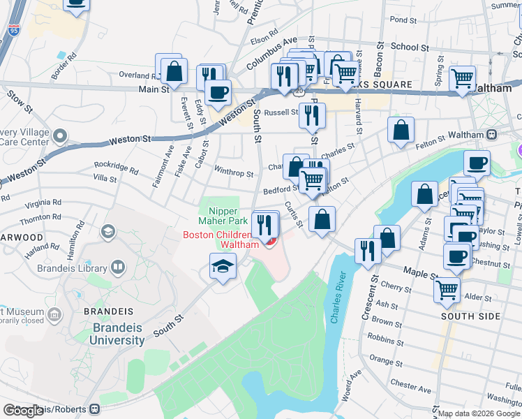 map of restaurants, bars, coffee shops, grocery stores, and more near 158 South Street in Waltham