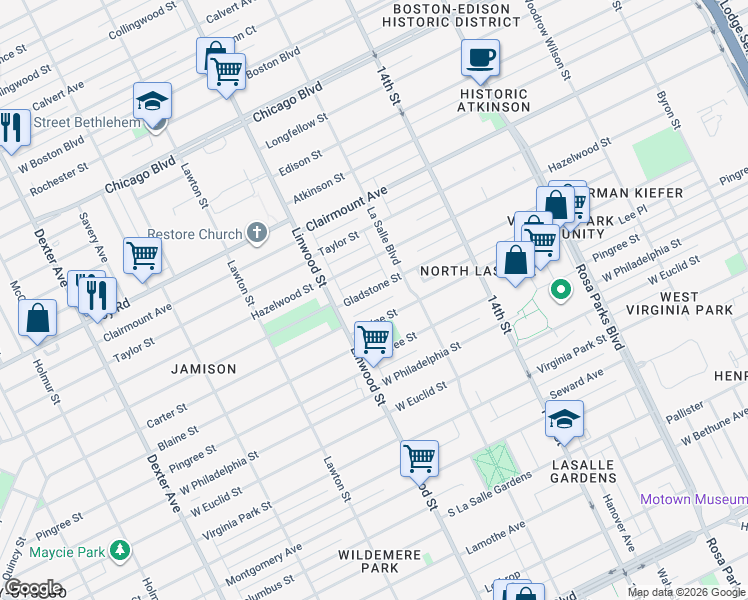 map of restaurants, bars, coffee shops, grocery stores, and more near 2468 Blaine Street in Detroit