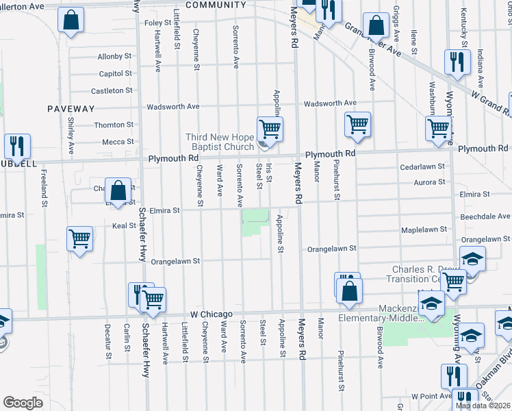 map of restaurants, bars, coffee shops, grocery stores, and more near 9982 Sorrento Avenue in Detroit