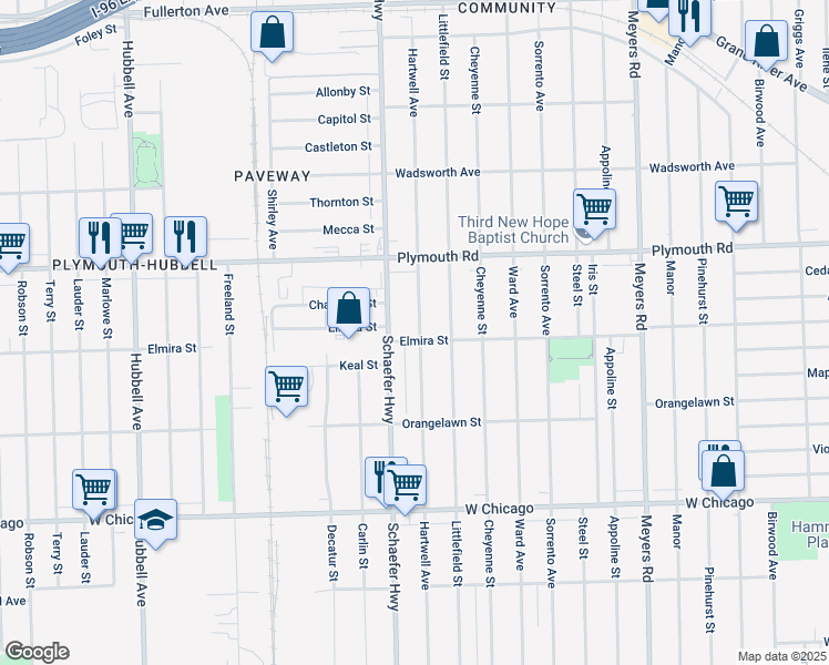 map of restaurants, bars, coffee shops, grocery stores, and more near 10052 Hartwell Street in Detroit