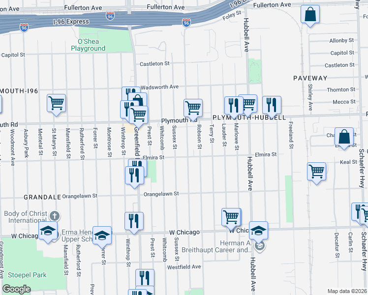 map of restaurants, bars, coffee shops, grocery stores, and more near 11310 Coyle Street in Detroit