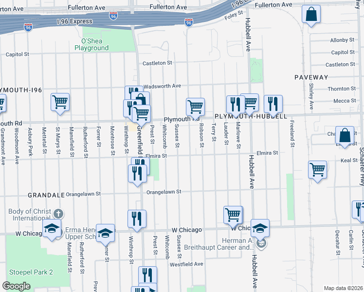 map of restaurants, bars, coffee shops, grocery stores, and more near 11311 Sussex Street in Detroit