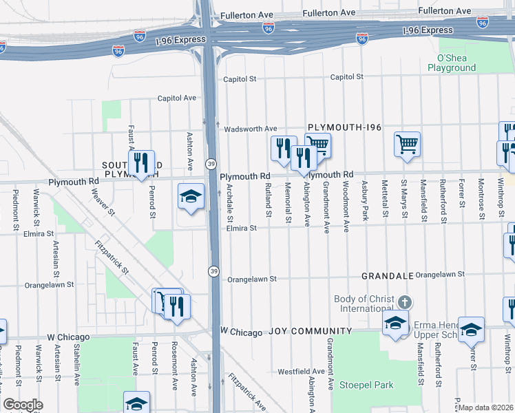 map of restaurants, bars, coffee shops, grocery stores, and more near 11340 Longacre Street in Detroit