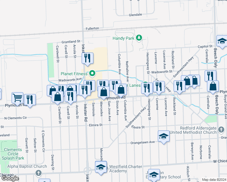 map of restaurants, bars, coffee shops, grocery stores, and more near 27076 Plymouth Road in Redford Charter Township