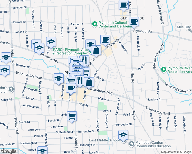 map of restaurants, bars, coffee shops, grocery stores, and more near 210 Elizabeth Street in Plymouth