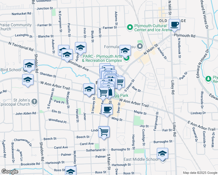 map of restaurants, bars, coffee shops, grocery stores, and more near 318 South Main Street in Plymouth