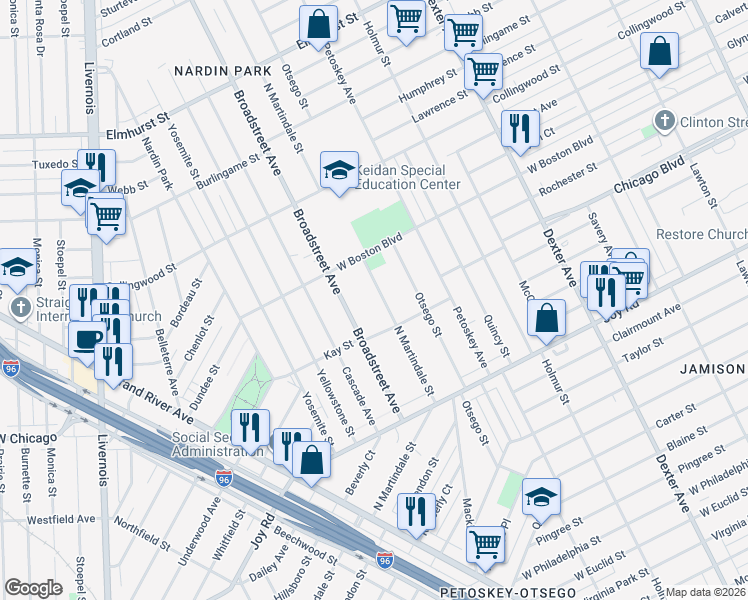 map of restaurants, bars, coffee shops, grocery stores, and more near 9647 North Martindale Street in Detroit