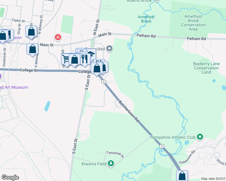 map of restaurants, bars, coffee shops, grocery stores, and more near 97 Massachusetts 9 in Amherst